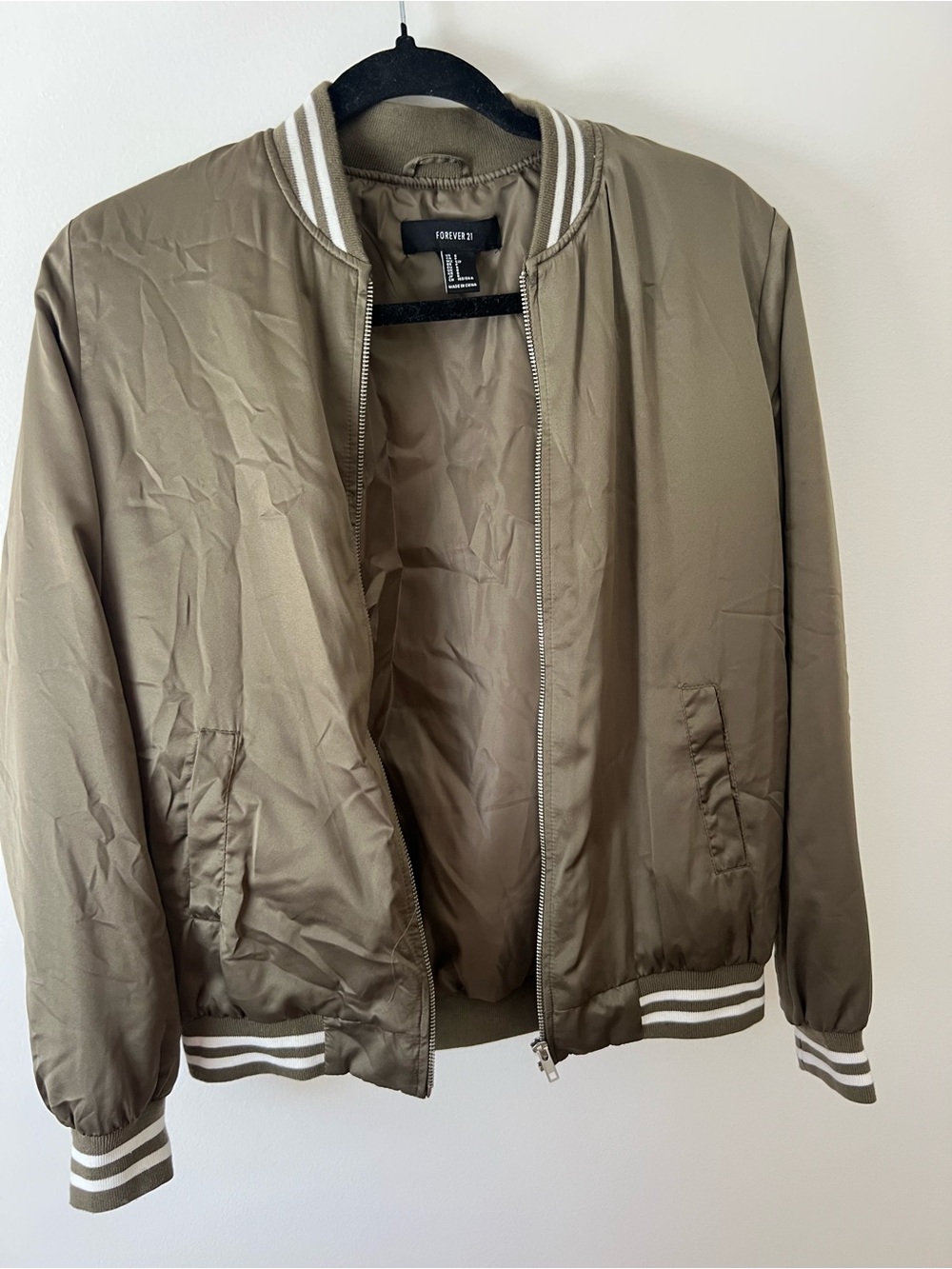 Forever 21 Olive Bomber Jacket with Striped Trim
